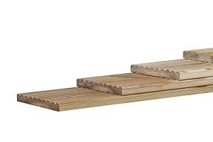 Grenen geprofileerd dekdeel, 1 zijde grof profiel, 1 zijde glad, 2,8 x 14,5 x 400 cm, groen geïmpreg