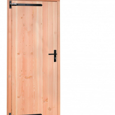 Douglas dichte enkele deur 90x201 cm, linksdraaiend, zwarte hengen, zwart beslag, onbehandeld.