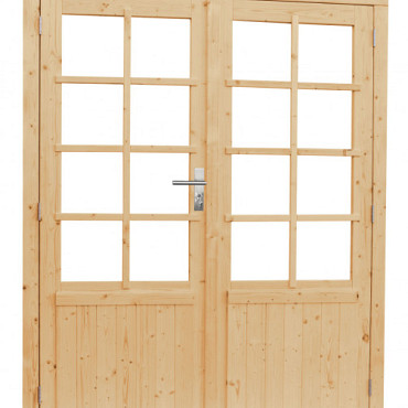 Vuren dubbele 8-ruits deur inclusief kozijn, 168 x 201 cm, kleurloos geïmpregneerd.