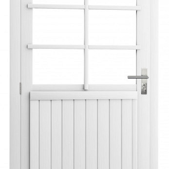 Vuren enkele 6-ruits deur extra breed inclusief kozijn, linksdraaiend, 112 x 201 cm, wit gespoten.
