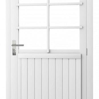 Vuren enkele 6-ruits deur extra breed inclusief kozijn, rechtsdraaiend, 112 x 201 cm, wit gespoten.