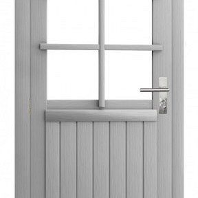 Vuren enkele 6-ruits deur inclusief kozijn, linksdraaiend, 90 x 201 cm, lichtgrijs gespoten.