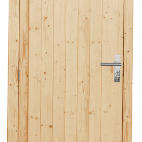 Vuren enkele dichte deur inclusief kozijn, rechtsdraaiend, 90 x 201 cm, lichtgrijs gespoten.