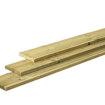 Grenen plank 1 zijde glad, 1 zijde fijnbezaagd, 2,8 x 19,5 x 400 cm, groen geïmpregneerd.
