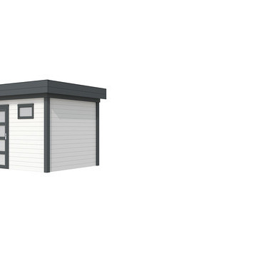 Vuren Topvision Premium Bonte Kraai, 300 x 250 cm, wanden antraciet en basis wit.