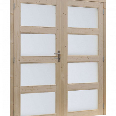 Vuren dubbele 4-ruits glasdeur inclusief kozijn, 168 x 201 cm, onbehandeld.