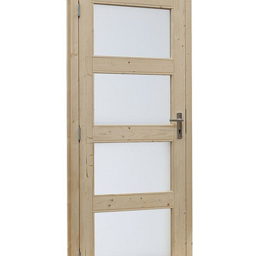 Vuren enkele 4-ruits glasdeur inclusief kozijn, linksdraaiend, 90 x 201 cm, onbehandeld.