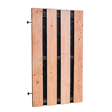 Douglas fijnbezaagde plankendeur met zwarte binnenzijde, op zwart verstelbaar frame, 100 x 180 cm, zwart/onbehandeld.