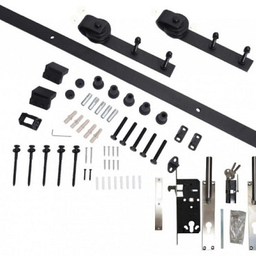 Beslagset schuifdeur systeem recht enkel // Rails zwart - Handgreep en slotset RVS