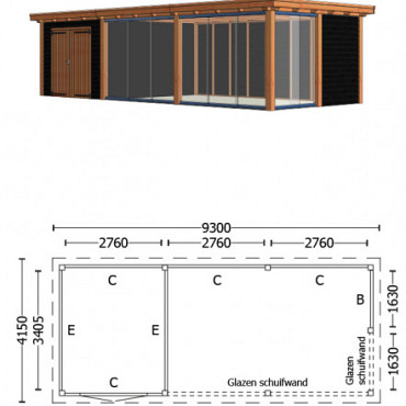 Buitenverblijf Siena 9300x4150x2500mm (bxdxh) combinatie 6, onbehandeld