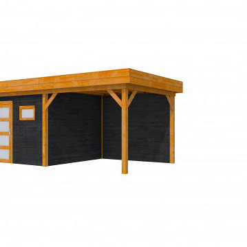 Douglas Topvision Premium Raaf, 298 x 298 en luifel 300 cm, wanden zwart en basis kleurloos geïmpregneerd.