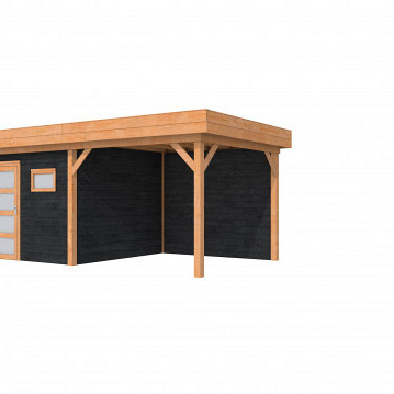 Douglas Topvision Premium Raaf, 298 x 298 en luifel 300 cm, wanden zwart geïmpregneerd en basis onbehandeld.