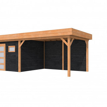 Douglas Topvision Premium Raaf, 298 x 298 en luifel 400 cm, wanden zwart geïmpregneerd en basis onbehandeld.