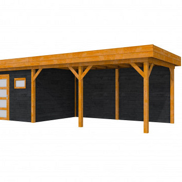 Douglas Topvision Premium Raaf, 298 x 298 en luifel 500 cm, wanden zwart en basis kleurloos geïmpregneerd.