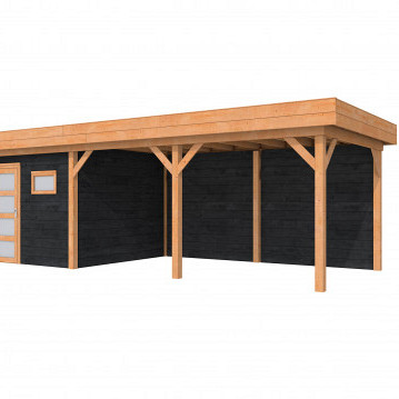 Douglas Topvision Premium Raaf, 298 x 298 en luifel 500 cm, wanden zwart geïmpregneerd en basis onbehandeld.