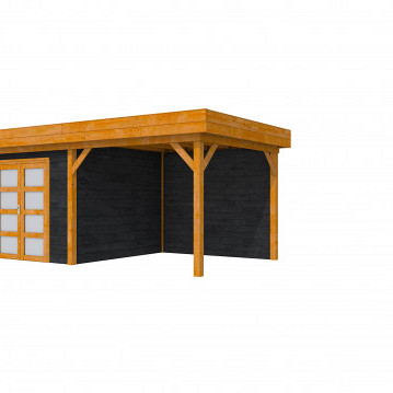 Douglas Topvision Premium Roek, 298 x 298 en luifel 300 cm, wanden zwart en basis kleurloos geïmpregneerd.
