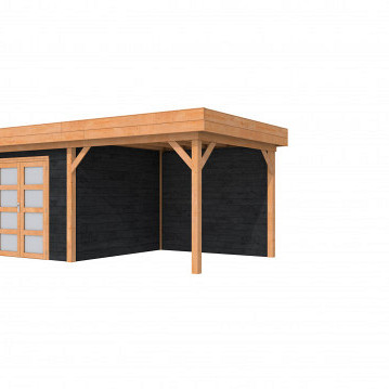 Douglas Topvision Premium Roek, 298 x 298 en luifel 300 cm, wanden zwart geïmpregneerd en basis onbehandeld.