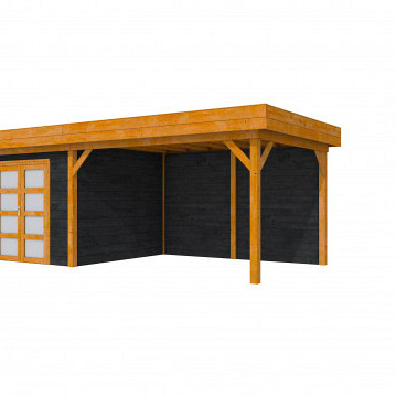 Douglas Topvision Premium Roek, 298 x 298 en luifel 400 cm, wanden zwart en basis kleurloos geïmpregneerd.