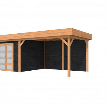 Douglas Topvision Premium Roek, 298 x 298 en luifel 400 cm, wanden zwart geïmpregneerd en basis onbehandeld.