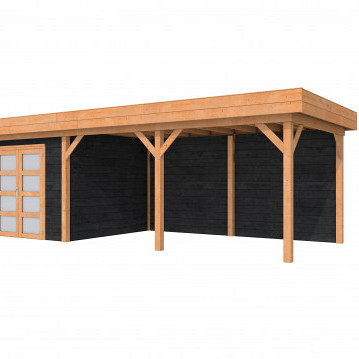 Douglas Topvision Premium Roek, 298 x 298 en luifel 500 cm, wanden zwart geïmpregneerd en basis onbehandeld.