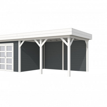 Vuren Topvision Premium Bosuil, 300 x 300 en luifel 400 cm, wanden antraciet en basis wit.