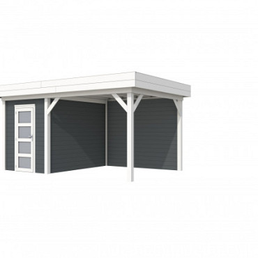 Vuren Topvision Premium Kiekendief, 200 x 300 en luifel 300 cm, wanden antraciet en basis wit.