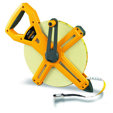 Komelon meetband UniGrip Flx 100mx13mm glasfiber, haak op 0-punt, ABS kruishaspel Klasse II