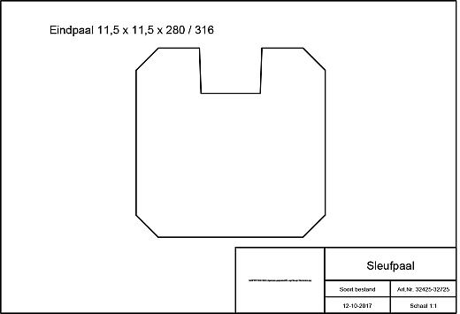 Grenen sleufpaal 8,8 x 8,8 x 270 cm, t.b.v. 28 mm profielplanken, eindpaal, groen geïmpregneerd.