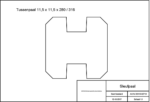 Grenen sleufpaal 8,8 x 8,8 x 270 cm, t.b.v. 28 mm profielplanken, tussenpaal, groen geïmpregneerd.