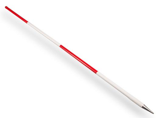 Jalonstok hout 200cm., geplastificeerd, boven rood, stalen punt.