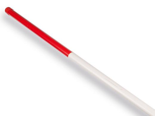 Jalonstok hout 200cm., geplastificeerd, boven rood, stalen punt.