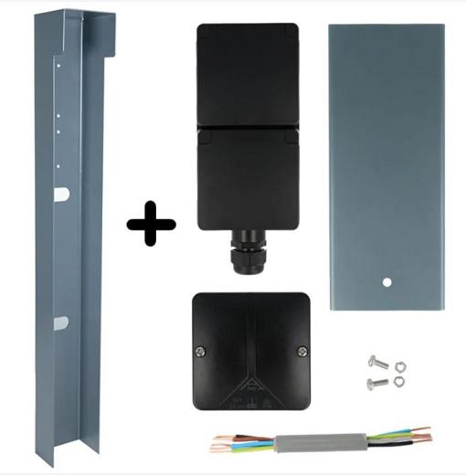 Tuinpaal - pro+ dubbel met kabeldoos, afdekkap en installatiedraad grijs