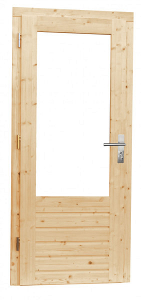 Vuren enkele 1-ruits opdekdeur met 5-puntssluiting en dubbelglas, linksdraaiend, 90 x 201 cm, onbehandeld.