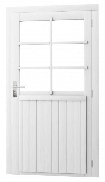 Vuren enkele 6-ruits deur extra breed inclusief kozijn, rechtsdraaiend, 112 x 201 cm, wit gespoten.