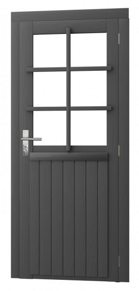 Vuren enkele 6-ruits deur inclusief kozijn, rechtsdraaiend, 90 x 201 cm, antraciet gespoten.