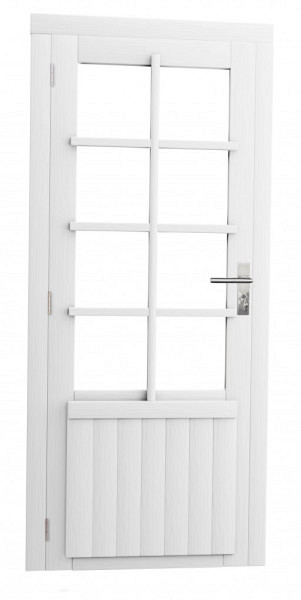 Vuren enkele 8-ruits deur inclusief kozijn, linksdraaiend, 90 x 201 cm, wit gespoten.