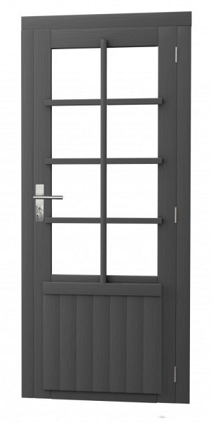 Vuren enkele 8-ruits deur inclusief kozijn, rechtsdraaiend, 90 x 201 cm, antraciet gespoten.