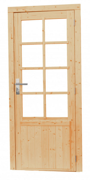 Vuren enkele 8-ruits deur inclusief kozijn, linksdraaiend, 90 x 201 cm, kleurloos geïmpregneerd.