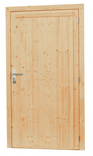 Vuren enkele dichte deur extra breed inclusief kozijn, linksdraaiend, 112 x 201 cm, kleurloos geïmpregneerd.