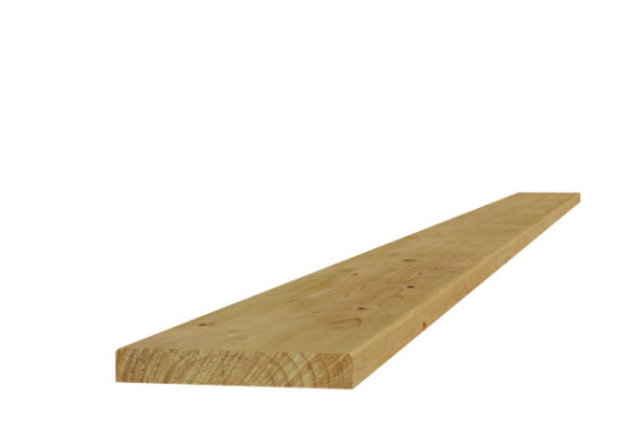 Grenen plank 1 zijde glad, 1 zijde fijnbezaagd, 2,8 x 19,5 x 400 cm, groen geïmpregneerd.