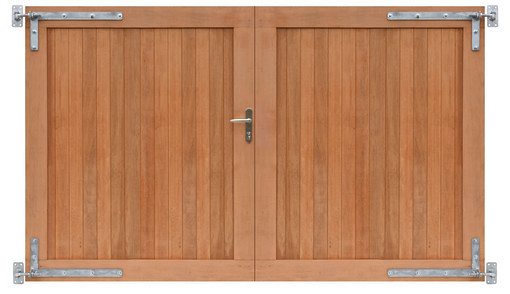 Hardhouten dubbele toegangspoort, verticaal, 300 x 180 cm incl. beslag.