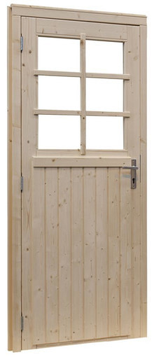 Vuren enkele 6-ruits deur inclusief kozijn, linksdraaiend, 90 x 201 cm, onbehandeld.