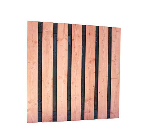 Douglas fijnbezaagd plankenscherm met zwarte binnenkant, 15-planks 19 mm, 180 x 180 cm, zwart/onbehandeld.