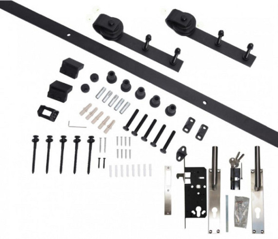 Beslagset schuifdeur systeem recht enkel // Rails zwart - Handgreep en slotset RVS