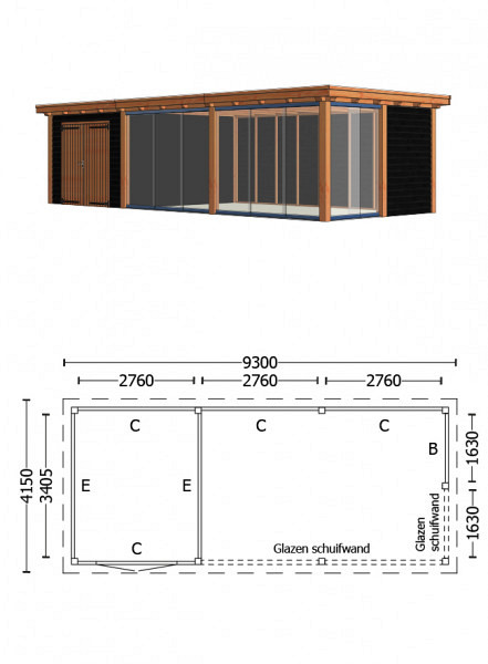 Buitenverblijf Siena 9300x4150x2500mm (bxdxh) combinatie 6, onbehandeld