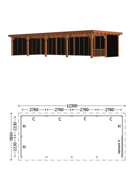 Buitenverblijf Toscane 12300x5450x2600mm (bxdxh) combinatie 2, onbehandeld