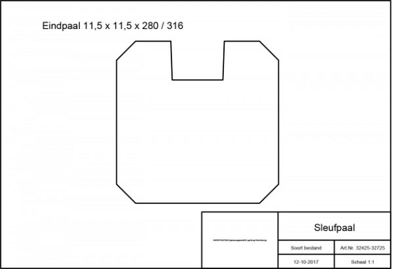 Grenen sleufpaal 8,8 x 8,8 x 270 cm, t.b.v. 28 mm profielplanken, eindpaal, groen geïmpregneerd.