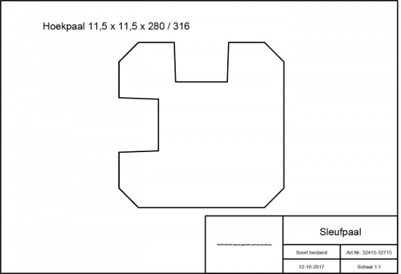 Grenen sleufpaal 8,8 x 8,8 x 270 cm, t.b.v. 28 mm profielplanken, hoekpaal, groen geïmpregneerd.