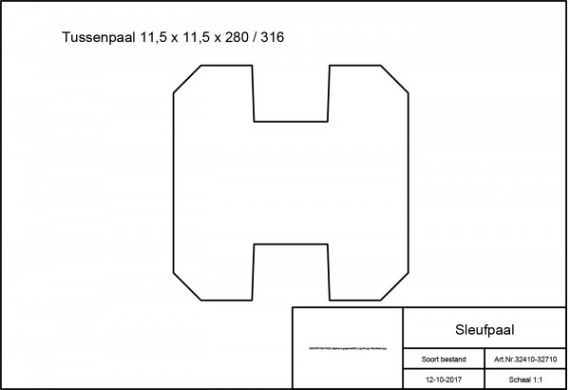 Grenen sleufpaal 8,8 x 8,8 x 270 cm, t.b.v. 28 mm profielplanken, tussenpaal, groen geïmpregneerd.