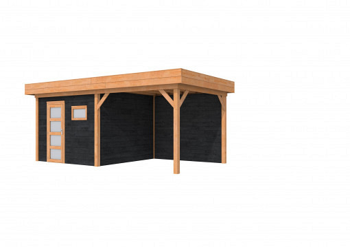 Douglas Topvision Premium Raaf, 298 x 298 en luifel 300 cm, wanden zwart geïmpregneerd en basis onbehandeld.